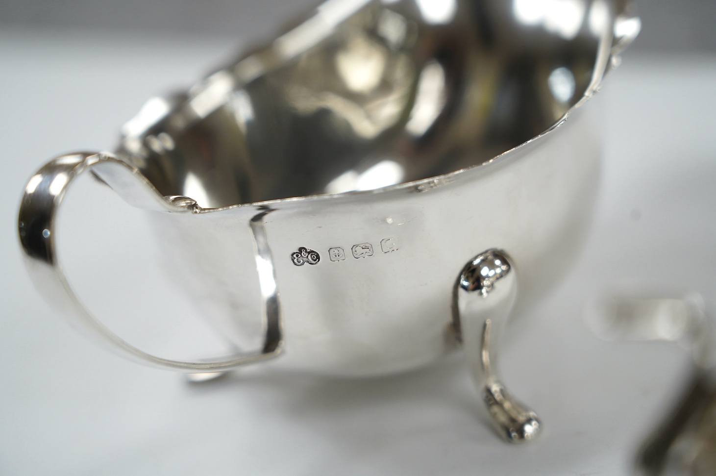 A pair of George V silver sauce boats, Elkington & Co, Birmingham, 1931, 15.6cm, 6.8oz. Condition - fair